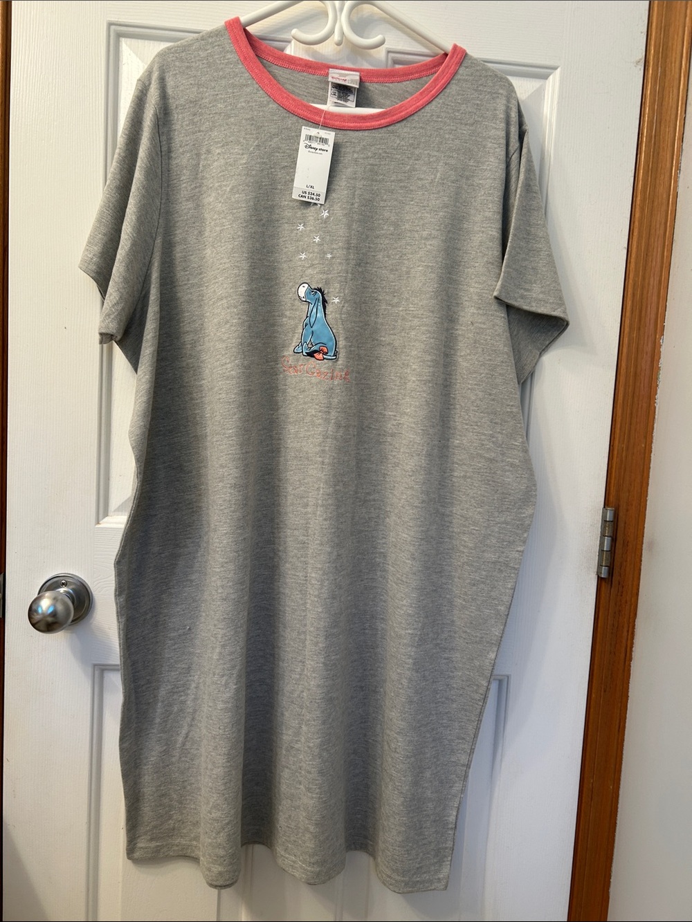 Woman’s ' Grey Eeyore Short Sleeve Nightshirt with Pink Trim star gazing